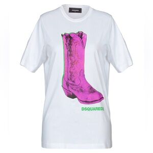 DSQUARED2 White Tee with Pink & Green Cowboy Boot Graphic
